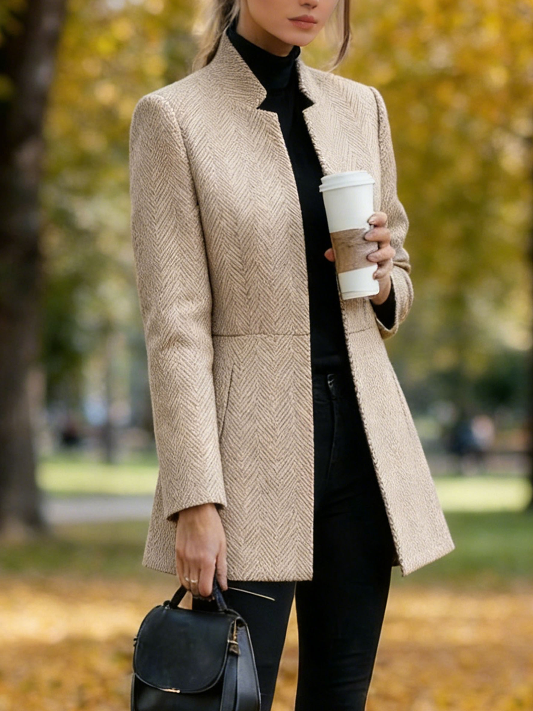 Women Houndstooth Long Sleeve Blazer Warm Office Neck Jacket With Pockets Open Front Cardigans