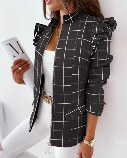 Ruffled Long Sleeve Zipper Print Blazer