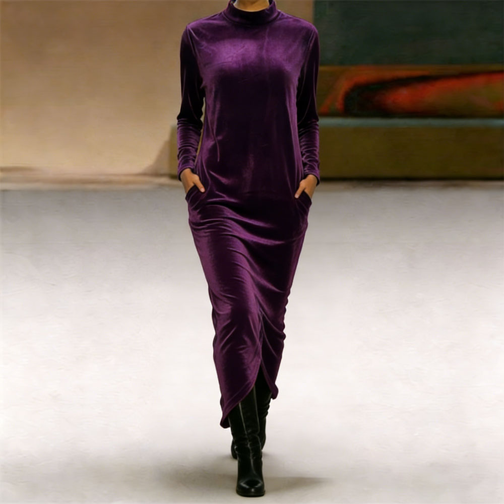 Women's Velvet Turtleneck Long Sleeve Maxi Dress - Soft Loose Fit with Side Pockets Elegant Floor-Length Dress for Casual & Evening Wear
