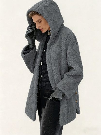 Women's Polyester Faux Fur Hooded Coat - Quilted Warm Winter Jacket, Casual Elegant Outerwear with Metal Buttons (Multiple Colors)