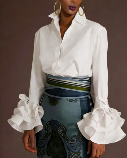 Women's Stand Collar Blouse - Elegant Retro Long Sleeve Shirt with Ruffled Bell Cuffs (Multiple Colors: Black/Red/Green/Pink/Polka Dot White/White)