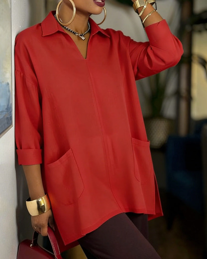 Women's Oversized V-Neck Collared Blouse - Relaxed Fit Longline Shirt with Side Pockets & Slits (7 Colors: Red/Orange/White/Blue/Purple/Light Blue/Navy)