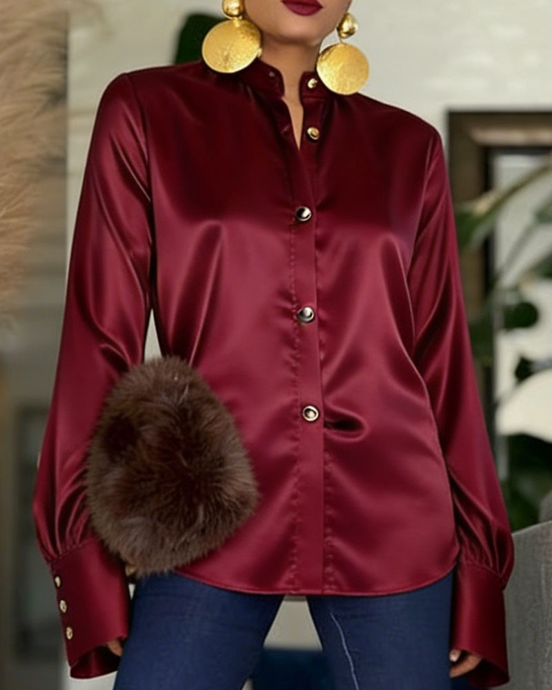 Women's Satin Stand Collar Blouse - Long Sleeve Button-Down Shirt with Metal Accent Buttons (Burgundy/Black/White)
