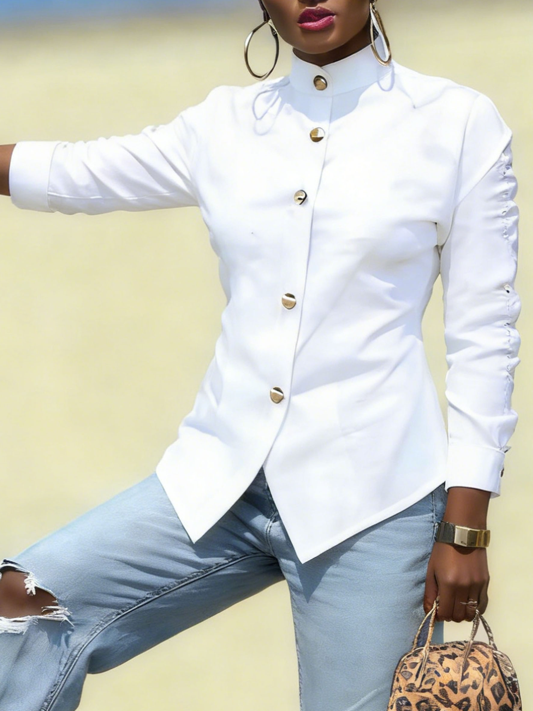 Women's Stand Collar Blouse with Metal Buttons