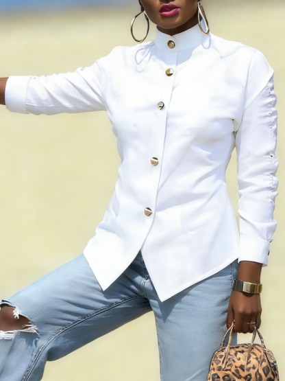 Women's Stand Collar Blouse with Metal Buttons