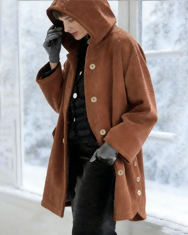 Women's Autumn Winter Short Sleeve Hooded Loose Corduroy Coat - Casual Versatile (Burgundy/Black/White/Green/Light Brown/Gray/Navy Blue)