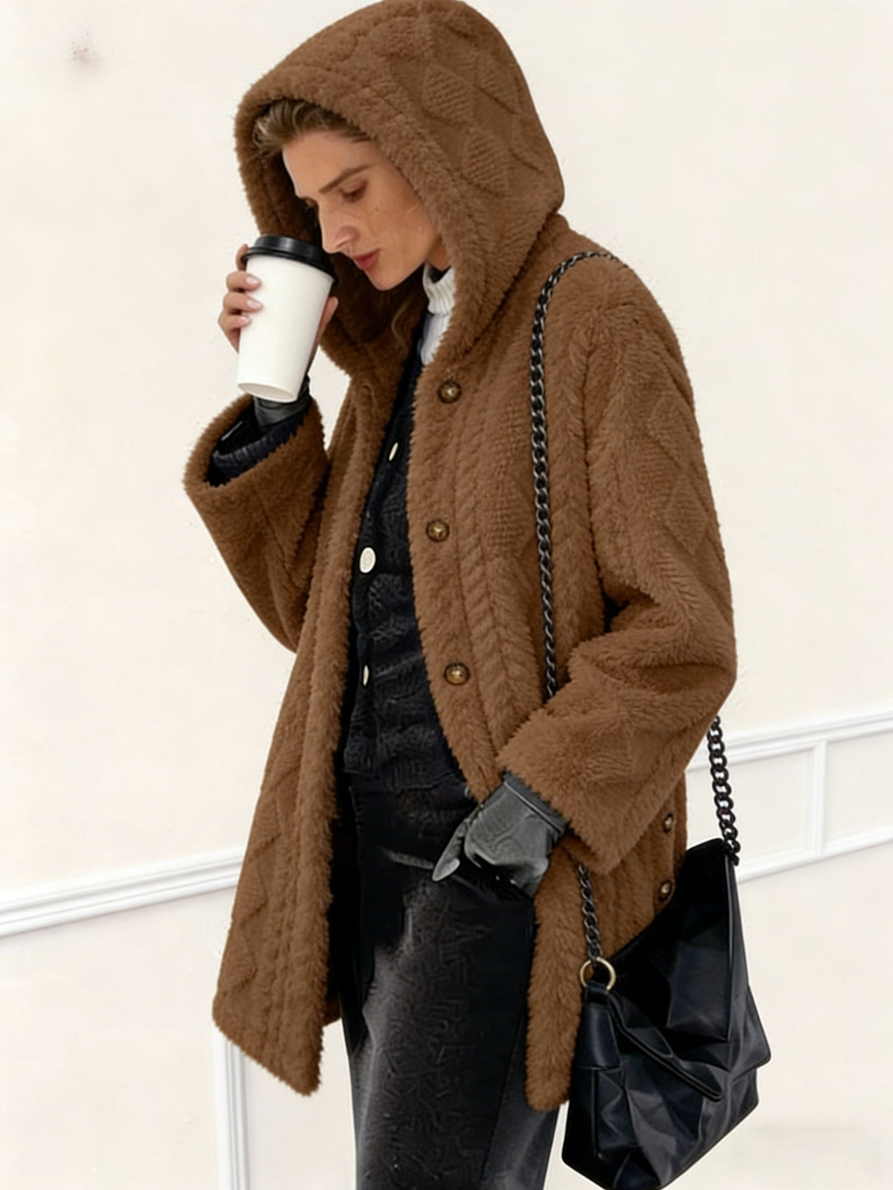 Women's Polyester Faux Fur Hooded Coat - Quilted Warm Winter Jacket, Casual Elegant Outerwear with Metal Buttons (Multiple Colors)