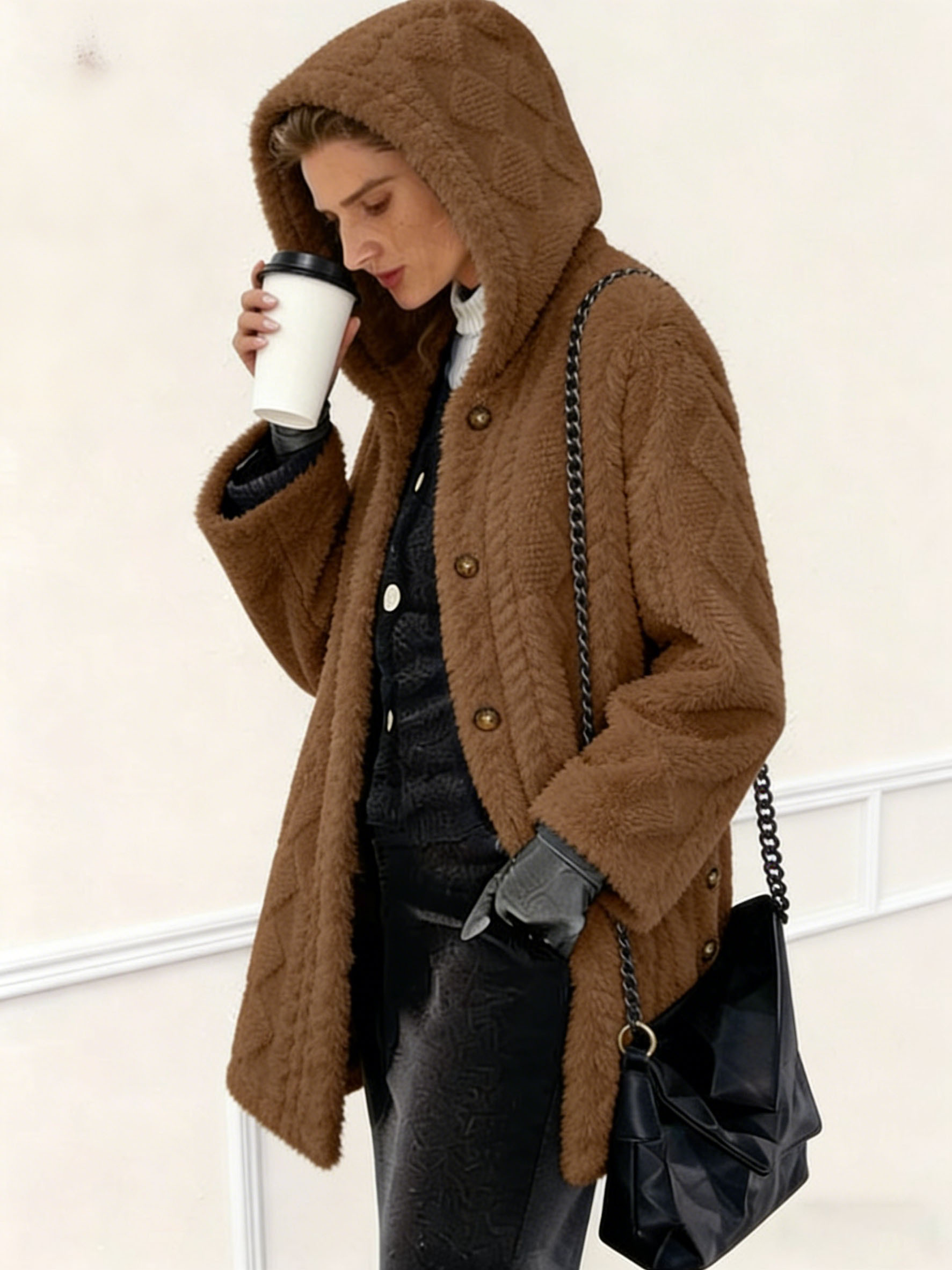 Women's Polyester Faux Fur Hooded Coat - Quilted Warm Winter Jacket, Casual Elegant Outerwear with Metal Buttons (Multiple Colors)