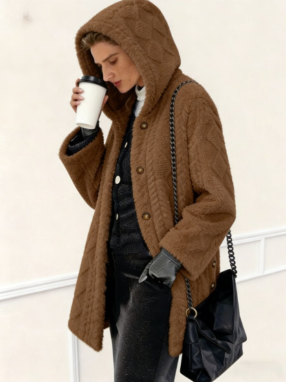 Women's Polyester Faux Fur Hooded Coat - Quilted Warm Winter Jacket, Casual Elegant Outerwear with Metal Buttons (Multiple Colors)