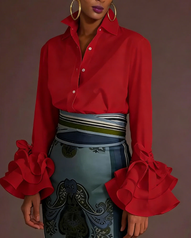 Women's Stand Collar Blouse - Elegant Retro Long Sleeve Shirt with Ruffled Bell Cuffs (Multiple Colors: Black/Red/Green/Pink/Polka Dot White/White)