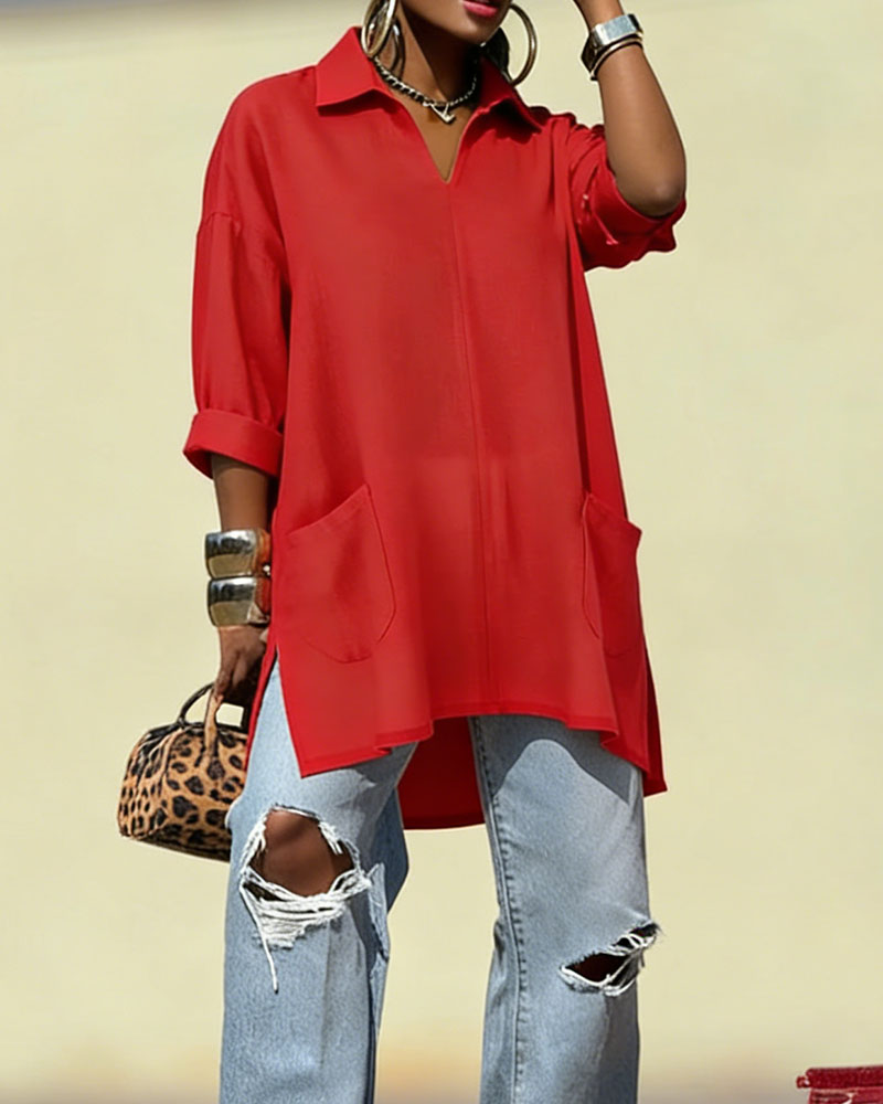 Women's Oversized V-Neck Collared Blouse - Relaxed Fit Longline Shirt with Side Pockets & Slits (7 Colors: Red/Orange/White/Blue/Purple/Light Blue/Navy)