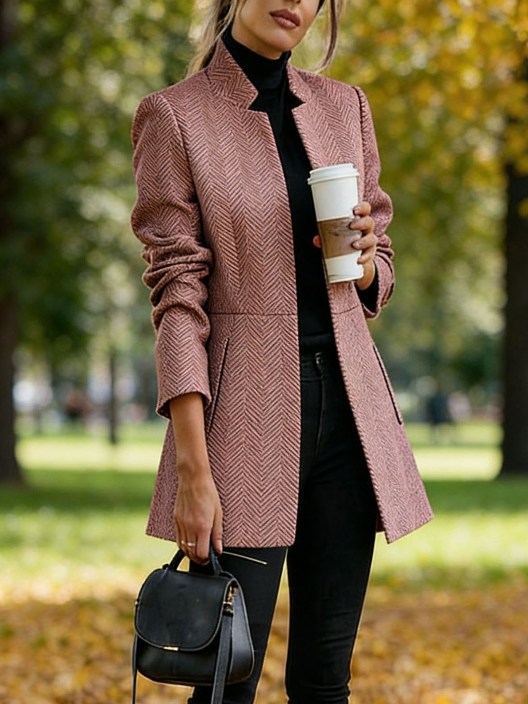 Women Houndstooth Long Sleeve Blazer Warm Office Neck Jacket With Pockets Open Front Cardigans