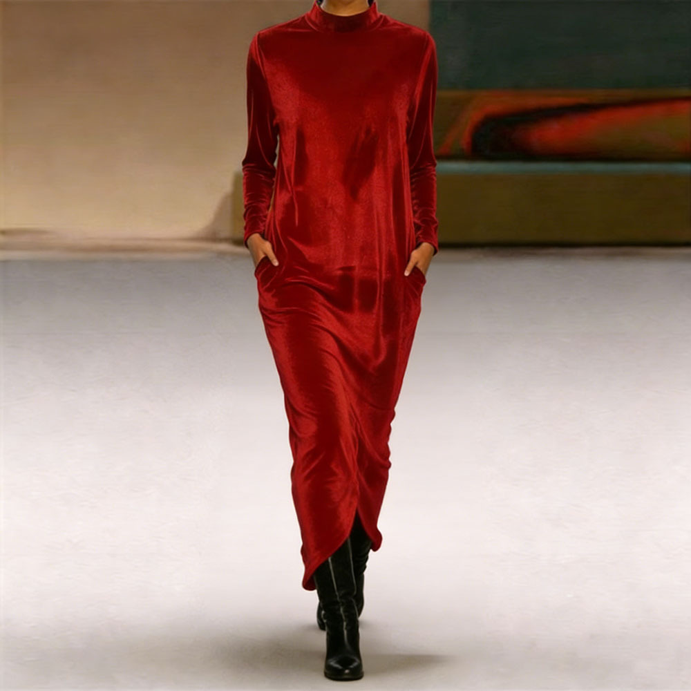 Women's Velvet Turtleneck Long Sleeve Maxi Dress - Soft Loose Fit with Side Pockets Elegant Floor-Length Dress for Casual & Evening Wear