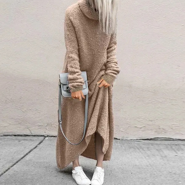 Plush Casual Solid Color Turtleneck Dress