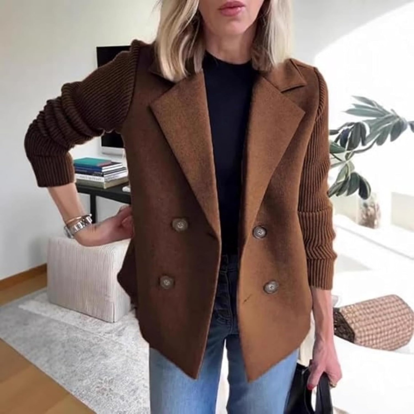 Women's Fashionable and Elegant Knitted Sleeve Patchwork Blazer