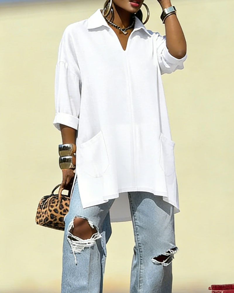 Women's Oversized V-Neck Collared Blouse - Relaxed Fit Longline Shirt with Side Pockets & Slits (7 Colors: Red/Orange/White/Blue/Purple/Light Blue/Navy)