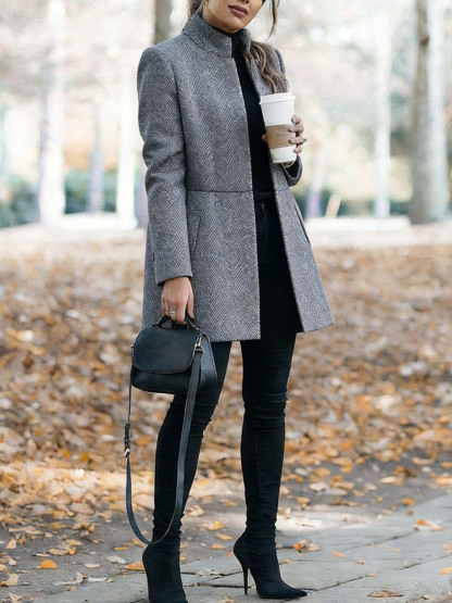 Women Houndstooth Long Sleeve Blazer Warm Office Neck Jacket With Pockets Open Front Cardigans