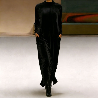 Women's Velvet Turtleneck Long Sleeve Maxi Dress - Soft Loose Fit with Side Pockets Elegant Floor-Length Dress for Casual & Evening Wear