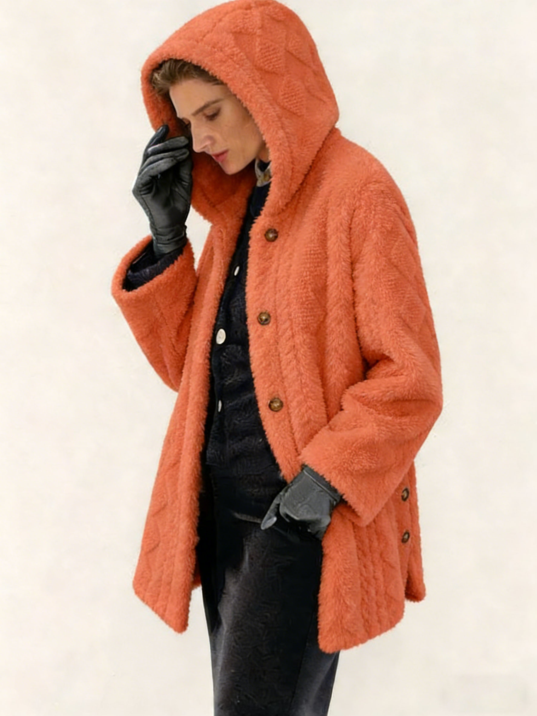 Women's Polyester Faux Fur Hooded Coat - Quilted Warm Winter Jacket, Casual Elegant Outerwear with Metal Buttons (Multiple Colors)