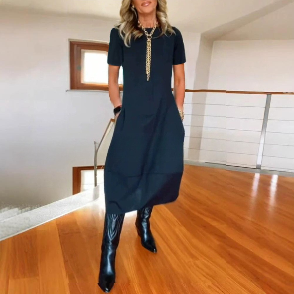 Fall & Winter New Arrival Women's Versatile Solid Color Loose Crew Neck Short Sleeve Dress - Available in Black, White, Burgundy, Green, Brown, Navy Blue & Gray