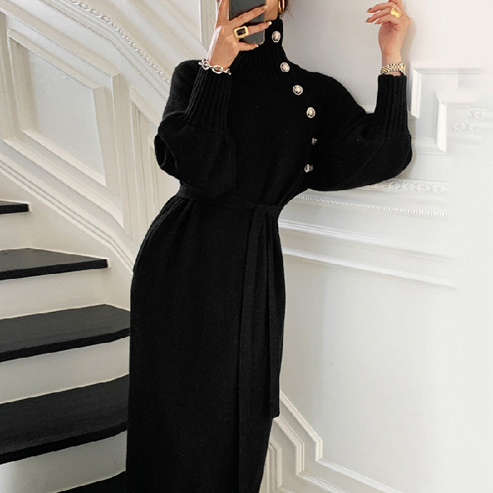 Women's Knit Sweater Dress - Belted Long Sleeve Lapel Midi Dress with Buttons for Fall & Winter