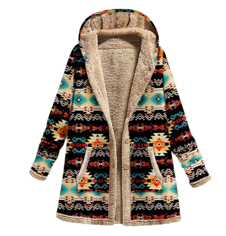 Women's Fleece-Lined Ethnic Aztec Pattern Hooded Coat - Warm Casual Outerwear for Fall & Winter