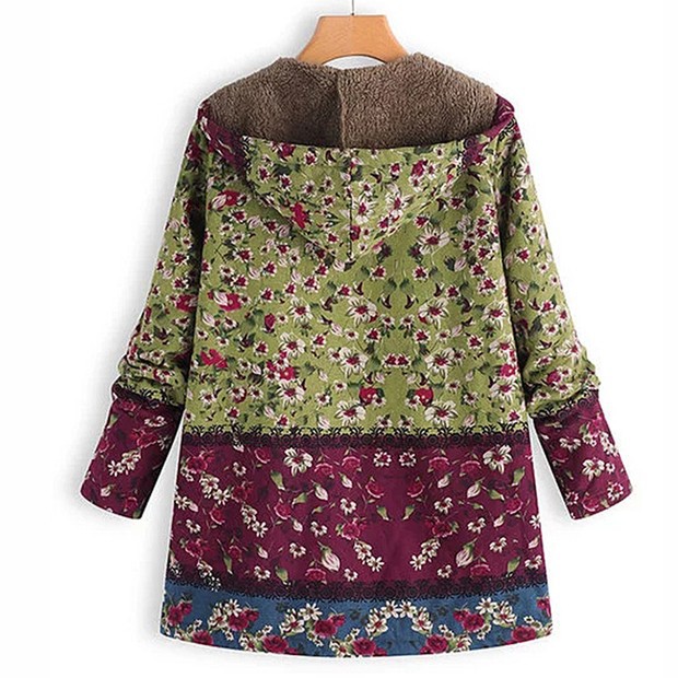 Women's Fleece-Lined Vintage Floral Hooded Coat - Warm Casual Outerwear for Fall & Winter