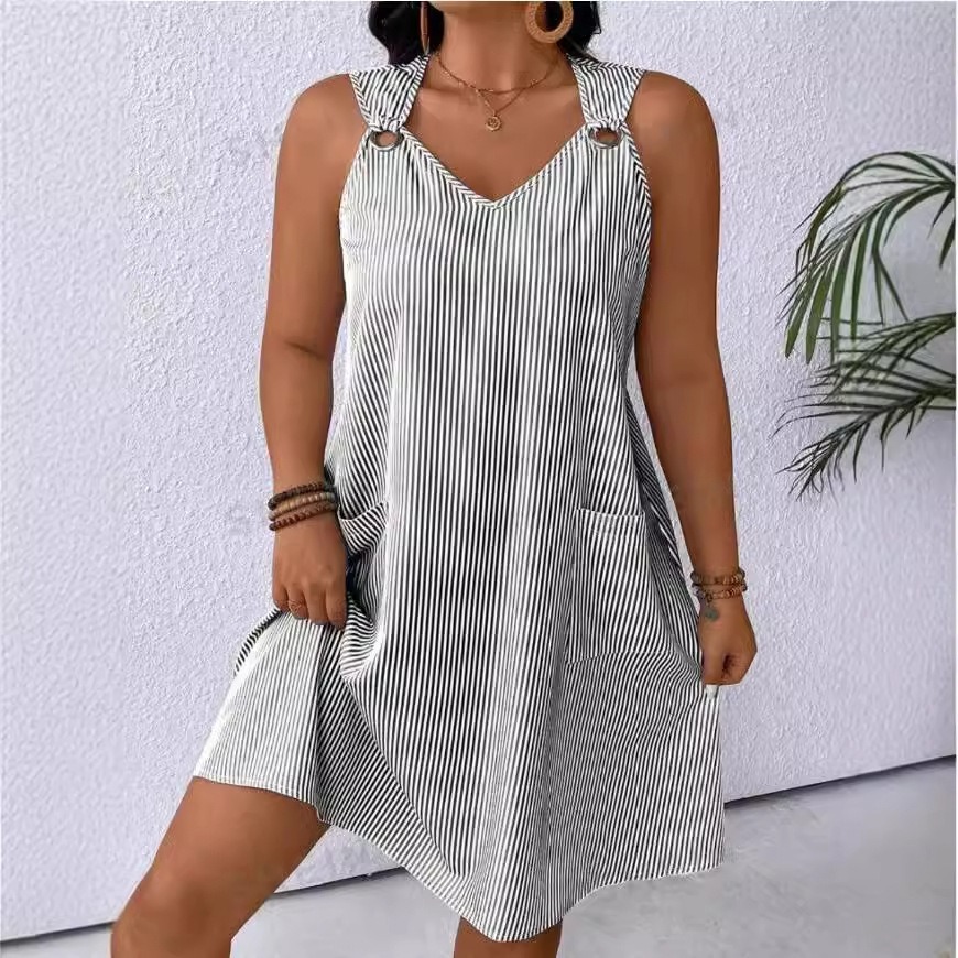 Women's Sleeveless Striped Halter Dress - Summer Casual Loose-Fit Midi Dress with Pockets, Lightweight Breathable Vacation Dress