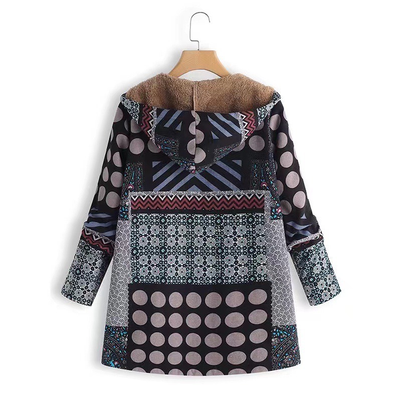 Women's Fleece-Lined Patchwork Hooded Coat - Vintage Boho Print Warm Outerwear for Fall & Winter Casual Wear