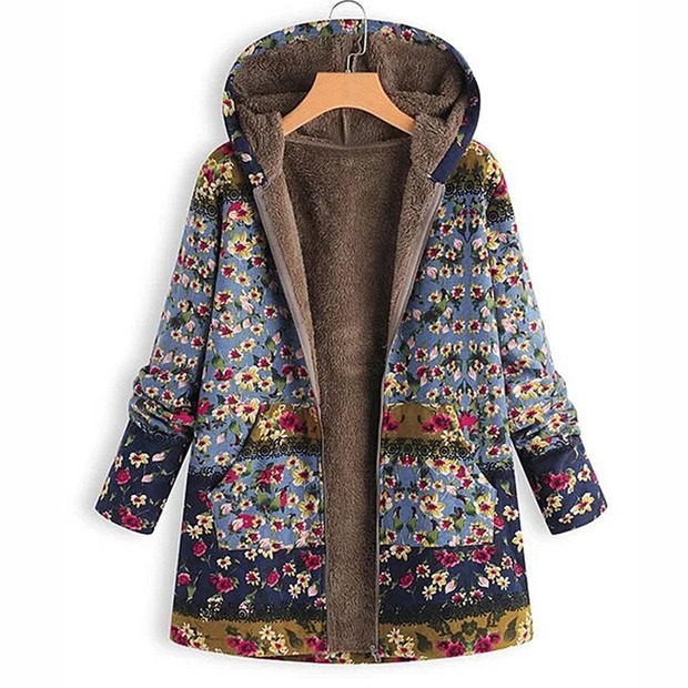 Women's Fleece-Lined Vintage Floral Hooded Coat - Warm Casual Outerwear for Fall & Winter