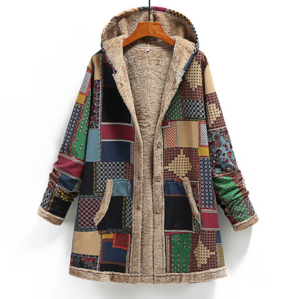 Women's Fleece-Lined Vintage Patchwork Hooded Coat - Warm Casual Outerwear for Fall & Winter