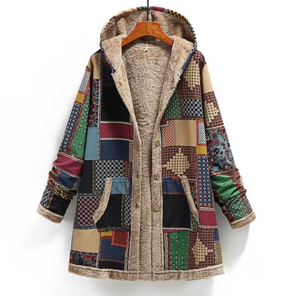 Women's Fleece-Lined Vintage Patchwork Hooded Coat - Warm Casual Outerwear for Fall & Winter