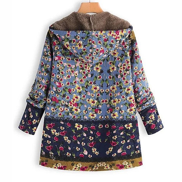 Women's Fleece-Lined Vintage Floral Hooded Coat - Warm Casual Outerwear for Fall & Winter