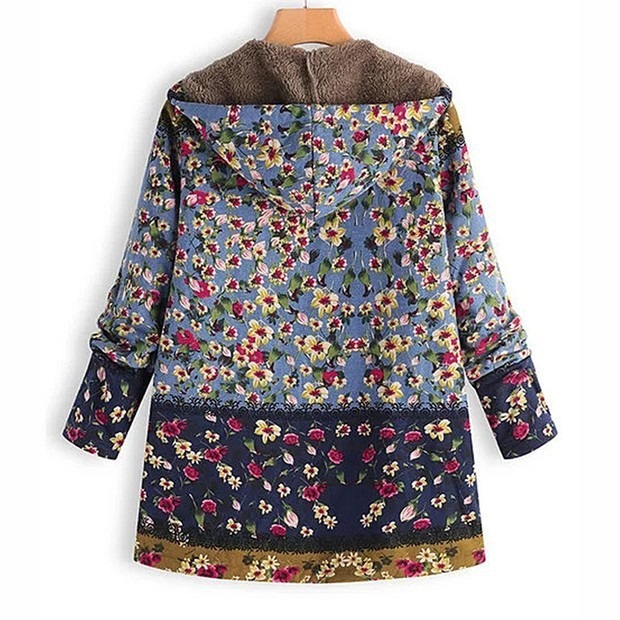 Women's Fleece-Lined Vintage Floral Hooded Coat - Warm Casual Outerwear for Fall & Winter