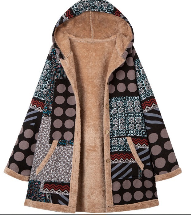 Women's Fleece-Lined Vintage Patchwork Hooded Coat - Warm Casual Outerwear for Fall & Winter