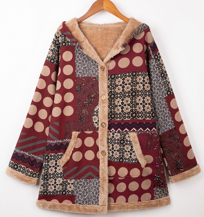 Women's Fleece-Lined Vintage Patchwork Hooded Coat - Warm Casual Outerwear for Fall & Winter