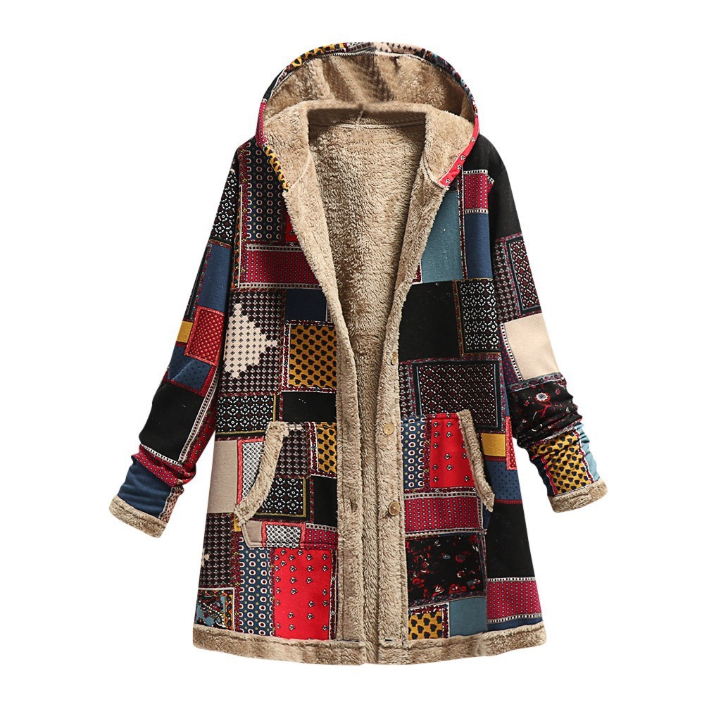 Women's Fleece-Lined Vintage Patchwork Hooded Coat - Warm Casual Outerwear for Fall & Winter