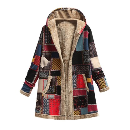Women's Fleece-Lined Vintage Patchwork Hooded Coat - Warm Casual Outerwear for Fall & Winter