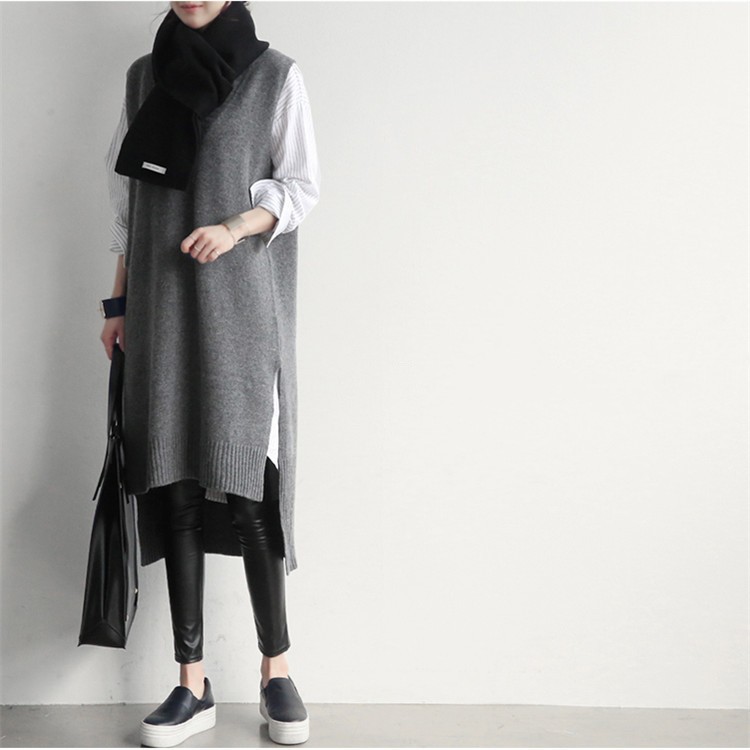 Women's Oversized V-Neck Knit Vest Dress - Loose Midi Sleeveless Sweater Dress for Layered Casual Style