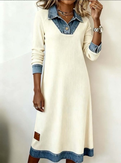 Vintage Western Rib-Knit Denim Combo Midi Dress - Cream Relaxed Fit Casual Commute Dress