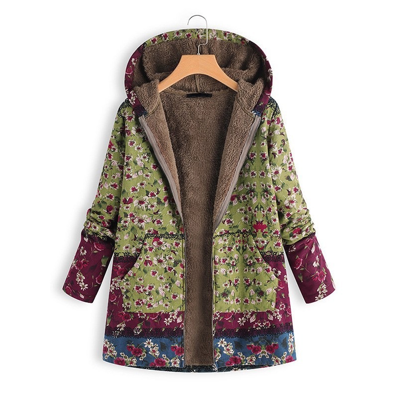 Women's Fleece-Lined Vintage Floral Hooded Coat - Warm Casual Outerwear for Fall & Winter
