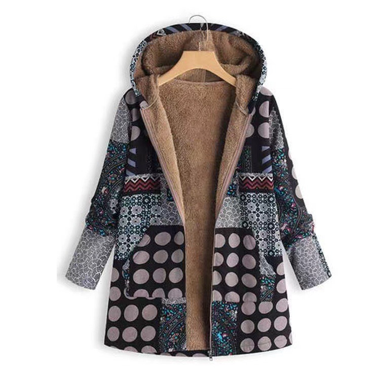 Women's Fleece-Lined Patchwork Hooded Coat - Vintage Boho Print Warm Outerwear for Fall & Winter Casual Wear