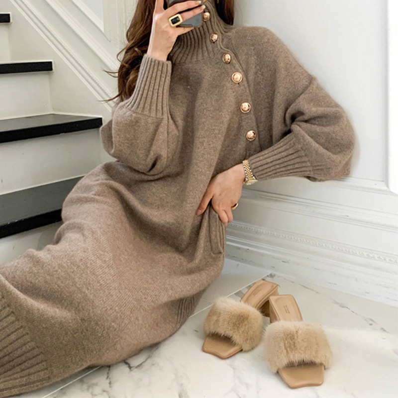 Women's Knit Sweater Dress - Belted Long Sleeve Lapel Midi Dress with Buttons for Fall & Winter