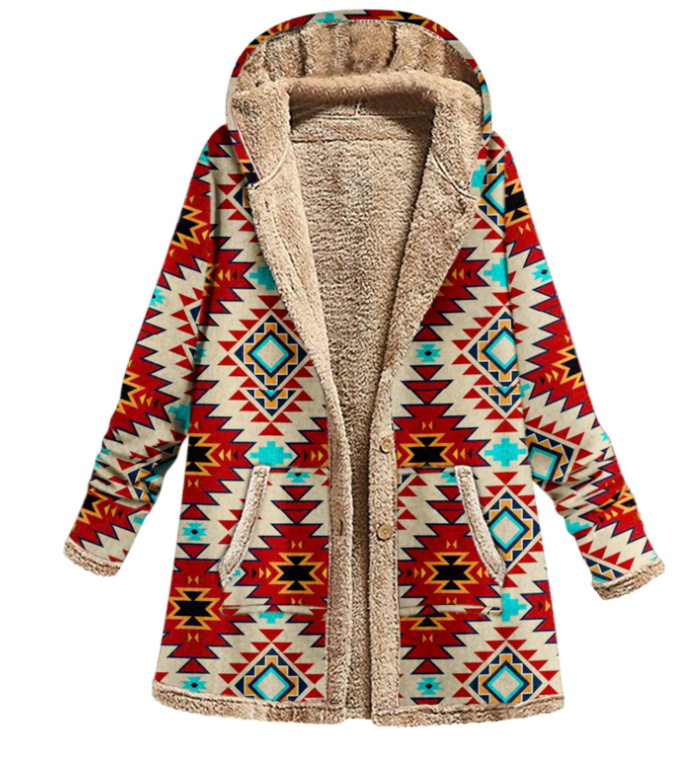 Women's Fleece-Lined Ethnic Aztec Pattern Hooded Coat - Warm Casual Outerwear for Fall & Winter
