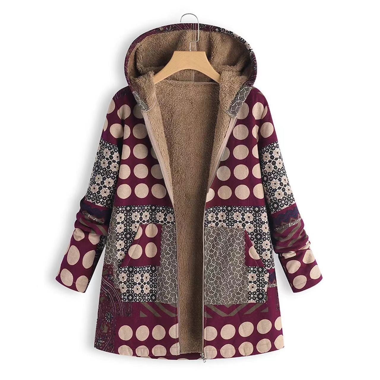 Women's Fleece-Lined Patchwork Hooded Coat - Vintage Boho Print Warm Outerwear for Fall & Winter Casual Wear
