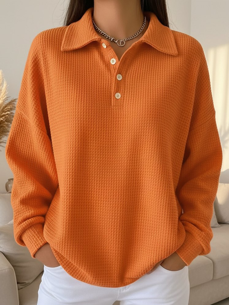 Women's Loose-fitting Solid Color Collared Versatile Polo Shirt Waffle Knit Long-sleeved Women's Top