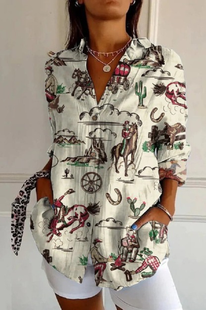 Women's Western Cowboy Print Blouse - V-Neck Tie Waist Rolled Sleeve Loose Fit Cactus Horse Rodeo Graphic Button Down Shirt