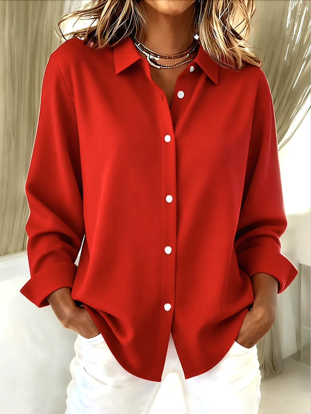Women's Loose Fit Collared Button-Front Blouse - Lightweight Smooth Fabric Roll-Up Long Sleeves Casual Office Top (Available in Multiple Colors)