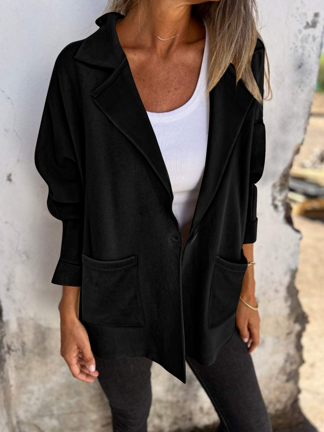 Women's Fall/Winter Blazer-Style Sweatshirt Jacket | Casual Minimalist Notched Lapel Single-Breasted Button Coat