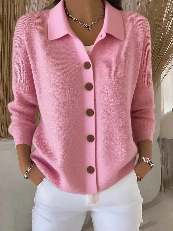 2026 Fall/Winter New Arrival Women's Button Knit Notched Lapel Sweater Cardigan Coat - Solid Color Casual Stylish Top (Colors: Pink/Apricot/Orange/Gray-Green/Emerald Green/White/Blue/Khaki/Burgundy/Sky Blue)